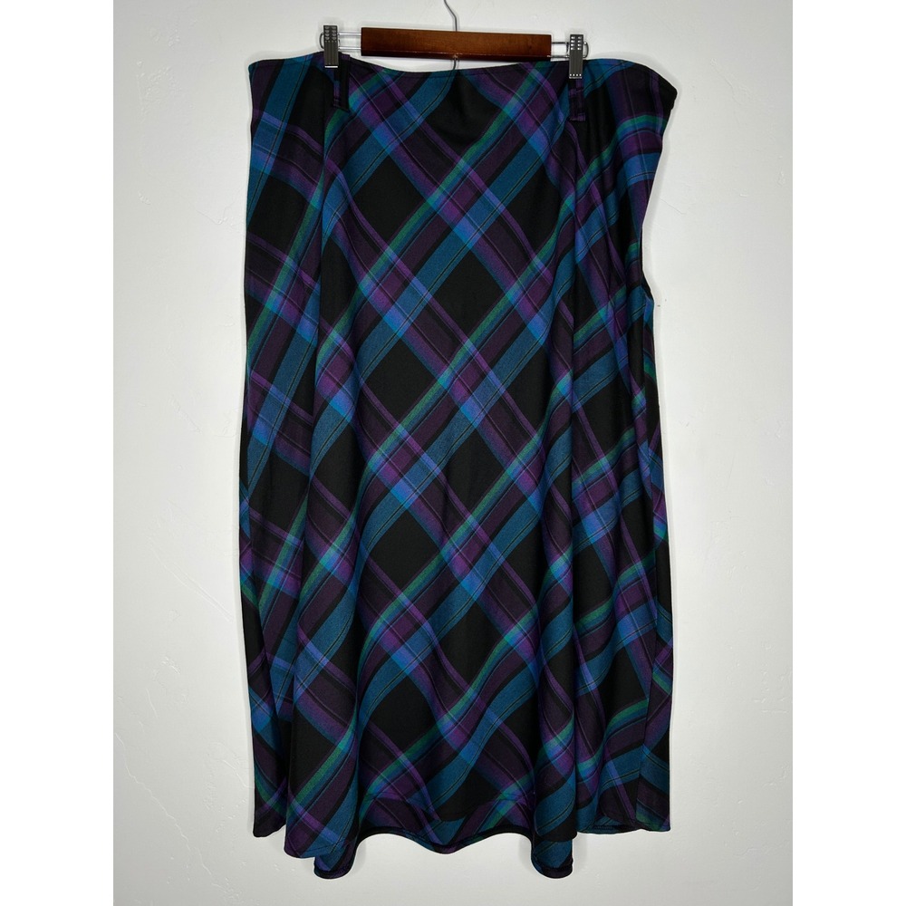 Cato Plaid Midi Skirt Purple Blue Green Black Size 26/28W Fall Holiday Office